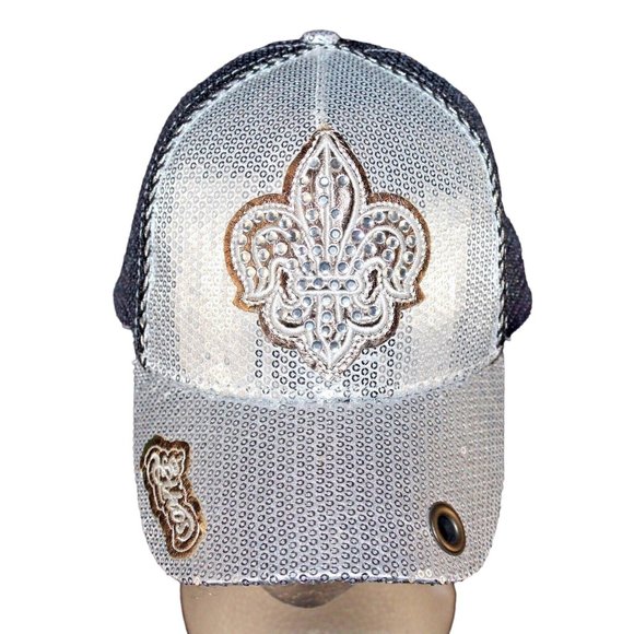 Silver Bling Sequin Fleur De Lis Trucker Mesh Adjustable Baseball Hat NOLA Cap - Picture 1 of 12